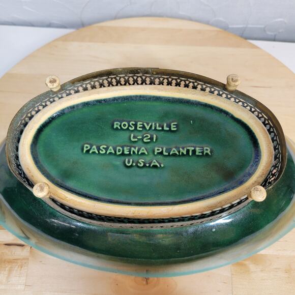 Roseville Pottery Pasadena Planter 12" Green Mid Century Modern Brass Base L-21 - Picture 3 of 12